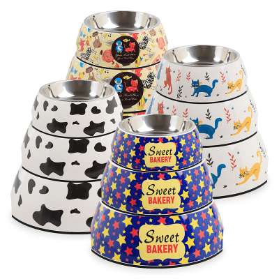 HQP-WS008 HongQiang Stainless steel melamine pet bowl cartoon two in one cute cat and dog bowl